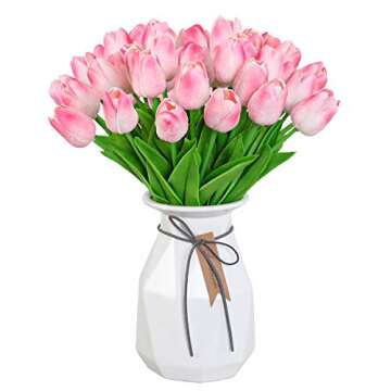 FLORRALIA Pink Fake Tulips Artificial Flowers - 24 Pcs Artificial Silk Pink Tulips Faux Flowers with Stems for Home Wedding Hotel Office Centerpiece Decor