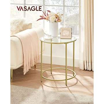 VASAGLE Round Side Tables, Set of 2, Glass End Tables with Metal Frame, Gold Coffee Tables with Modern Style, for Living Room, Balcony, Bedroom, Gold Color