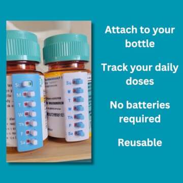 2 Pack Medication Tracker and Reminder, Take-n-Slide Reusable Peel and Stick Pill Tracker, Attach to Your Bottle 7 Day Medicine Vitamin Pet Pill Organizer Alternative Medication Aid White Blue