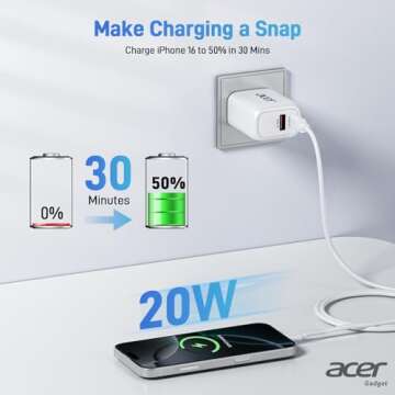 Acer USB C Charger Block 20W Dual Port with Cables