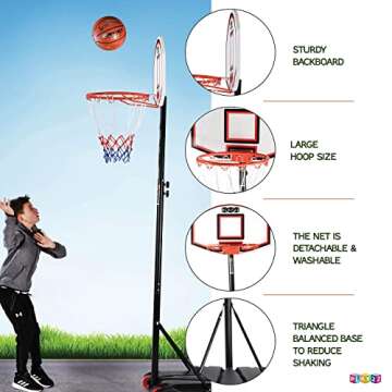 Play22 Kids Adjustable Basketball Hoop Height 5-7 FT - Portable Basketball Hoop for Kids Teenagers Youth and Adults with Stand & Backboard Wheels Fillable Base - Basketball Goals Indoor Outdoor Play