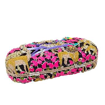 Boutique De FGG Forest Jungle Animal World Crystal Clutch Purse for Women Formal Evening Bags Rhinestone Clutch Handbag,Mini,Pink&Gold