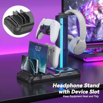 KDD Headset Stand with Phone Holder - Detachable Controller Holder with 9 Light Modes - Rotatable Headphone Hanger with USB Charging Ports - Earphone Hook for Gaming PC Accessories Storage(Black)