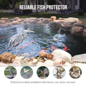 Pond Netting Cover for Leaves, 7 x 10 Koi Pond Net Cover, Durable & Sturdy Pond Netting for Koi Ponds, Protect Koi Fish Against Herons, Raccoons, Cats & Predators, 12pcs Stakes Included