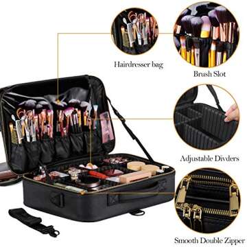 JAZZ GORDON Leather Makeup Bag Vanity Travel Makeup Train Case Large for Women,Professional Makeup Brushes Organizer,Protable Artist Storage Bag with Mirror,Adjustable Dividers,Shoulder Strap