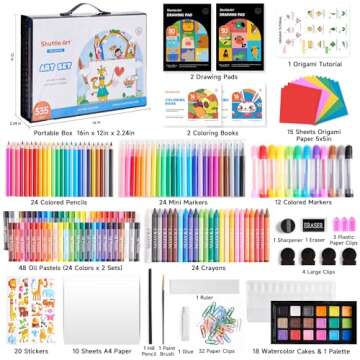 Shuttle Art 335 Piece Kids Art Set, Multi-Media Art Supplies, Gift Art Kit with Trifold Easel, 2 Drawing Pads, 2 Coloring Books, Oil Pastels, Crayons, Watercolors, Markers, Colored Pencils (Black)