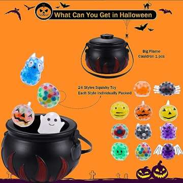 Halloween Party Favors，5.5" Halloween Cauldron with 24 Pcs Mochi Squishy Toys，Halloween Mini Kawaii Squeeze Toys for for Kids Girls Boys Trick or Treat Bags Gifts，School Classroom Rewards