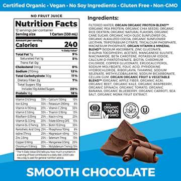 Orgain Organic Nutritional Vegan Protein Shake, Smooth Chocolate - 16g Plant Based Protein, Meal Replacement, 22 Vitamins & Minerals, Fruits & Vegetables, Gluten Free, Non-GMO, 11 Fl Oz (Pack of 12)