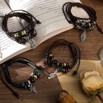 Ferreve 4 Pcs Fairy Grunge Bracelets Fairycore Accessories Multilayer Leather Aesthetic Bracelets Handmade Beaded Bracelets Bohemian Jewelry for Women