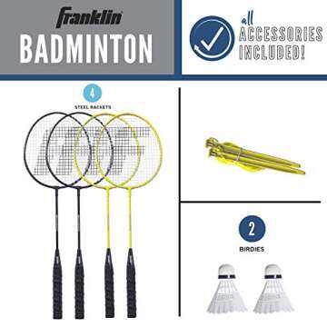 Franklin Sports Badminton Set - Backyard + Beach Badminton Net Set - Rackets and Birdies Included - Portable 4 Player Badminton Game - Family