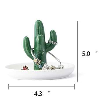 FairyLavie Cactus Ring Holder Dish for Jewelry, Ceramic Succulent Ring Holders Organizer Display for Home Decor and Birthday Wedding Festival Gifts for Mom, Aunt, Friends, Girlfriend (Green Cactus)