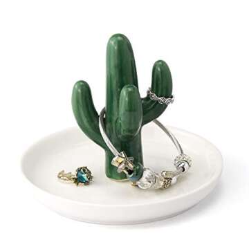 FairyLavie Cactus Ring Holder Dish for Jewelry, Ceramic Succulent Ring Holders Organizer Display for Home Decor and Birthday Wedding Festival Gifts for Mom, Aunt, Friends, Girlfriend (Green Cactus)