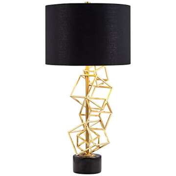 Possini Euro Design OVO Modern Table Lamp 30" Tall Sculptural Gold Metal Cube Geometric Frame Black Fabric Drum Shade Decor for Bedroom Living Nightstand Bedside Office Kids Room House Home Family