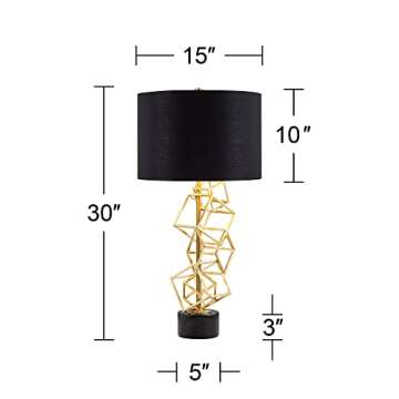 Possini Euro Design OVO Modern Table Lamp 30" Tall Sculptural Gold Metal Cube Geometric Frame Black Fabric Drum Shade Decor for Bedroom Living Nightstand Bedside Office Kids Room House Home Family