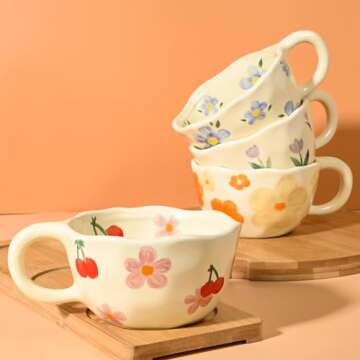 MAKCNMYM Ceramic Coffee Mug Set of 4 Vintage Flower Mugs 10 oz Cute Floral Coffee Mug Irregular Latte Art Cup Lead-free Porcelain Mug for Cappuccino, Cocoa - Microwave and Dishwasher Available