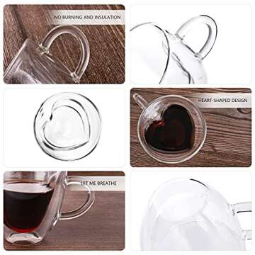 CNGLASS Double Wall Heart Shaped Glass Coffee Mugs 5oz(Set of 2),Insulated Clear Tea Cups with Handle,Unique Glass Espresso Mugs for Coffee,Cappuccino,Latte,Milk