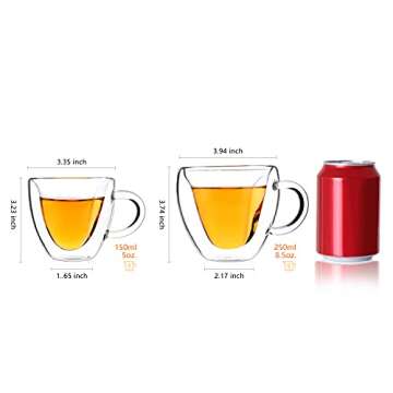 CNGLASS Double Wall Heart Shaped Glass Coffee Mugs 5oz(Set of 2),Insulated Clear Tea Cups with Handle,Unique Glass Espresso Mugs for Coffee,Cappuccino,Latte,Milk