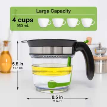 Fat Separator With Bottom Release, 4 Cup Gravy Separator for Cooking with Oil Strainer, Kitchen Gadgets Grease Separator Packaged with a 3-in-1 Multifunctional Peeler (Green)