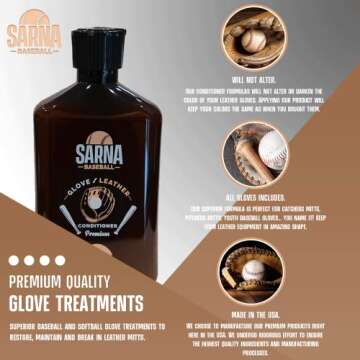 SARNA BASEBALL Glove Leather Conditioner - Use on Baseball Gloves, Softball Gloves, Baseball Accessories, Catchers Mitts, Hot Sports Equipment (8.0oz) - Made in USA