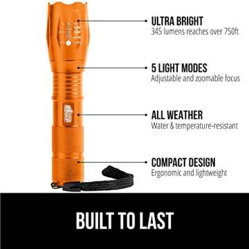 Gorilla Grip Powerful LED 750 FT Water Resistant 5 Adjustable Mode Tactical Flashlight, High Lumens Ultra Bright Battery Life Zoom Flashlights, Small Camping Car Mini Flash Light Accessories, Orange