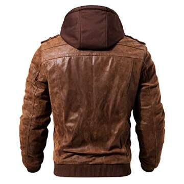 FLAVOR Men's Brown Leather Motorcycle Jacket - Removable Hood, Large Size