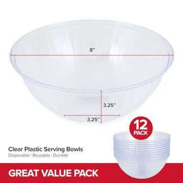 48 oz Clear Plastic Serving Bowls (12 Pack) Disposable Candy Dishes, Buffet Containers for Chips, Popcorn, Snacks, Mints, Salad Bar, Snack Bowl Parties, Office Desk, Bridal Shower, Party Supplies