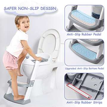 Potty Training Seat with Step Stool Ladder (2 Cushions Includ.), Potty Training Toilet Seat for Kids Boys Girls Toddlers, Comfortable Potty Seat with Anti-Slip Ladder Foldable - Double Elite (Grey)