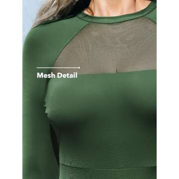 CUPSHE Women's One Piece Swimsuit UPF 50+ UV Protection Rash Guard Long Sleeve Mesh Panel Front Mock Neck Zippered Back, M Green