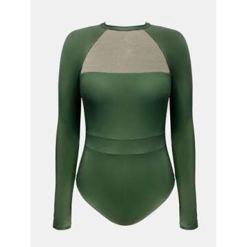 CUPSHE Women's One Piece Swimsuit UPF 50+ UV Protection Rash Guard Long Sleeve Mesh Panel Front Mock Neck Zippered Back, M Green