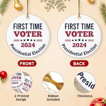 First Time Voter 2024 Presidential Election Ornament – Patriotic Keepsake for First-Time Voters – Ceramic Christmas Decoration Gift for Political Enthusiasts