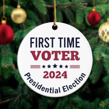 First Time Voter 2024 Presidential Election Ornament – Patriotic Keepsake for First-Time Voters – Ceramic Christmas Decoration Gift for Political Enthusiasts