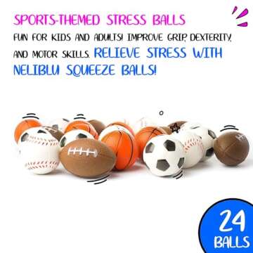 Set of 24 Sports 2.5" Stress Balls - Includes Soccer Ball, Basketball, Football, Baseball Squeeze Balls for Stress Relief, Party Favors, Ball Games and Prizes, Stocking Stuffers - Bulk 2 Dozen Balls