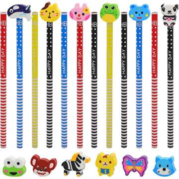 BUSHIBU Cute Pencils for Kids, Fun Pencil with Erasers Toppers, Woodcased #2 Pencils for School Classroom(12 Pack)