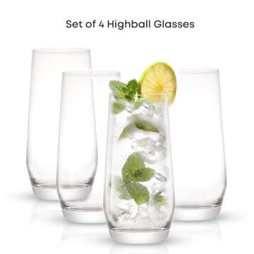 JoyJolt Gwen 18.5 oz Highball Glasses, 4pc Tall Glass Sets. Lead-Free Crystal Glass Drinking Glasses. Water Glasses, Mojito Glass Cups, Tom Collins Bar Glassware, and Mixed Drink Cocktail Glass Set