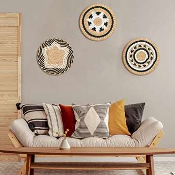 Boho Wall Basket Decor Set of 3 Decorative Bulrush Woven Basket Wall Decor Set Rustic Hanging Handmade Round Woven Wall Decor with African Design for Living Room Bedroom Farmhouse Gift Idea (Vivid)