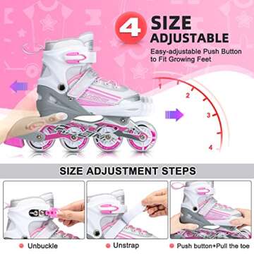 Kuxuan Skates Inline Skates for Women Girls, Adjustable Womens Skates with Light up Wheels, Fun Illuminating for Kids and Adult Female (Peach&Gray, Large-Youth & Women)