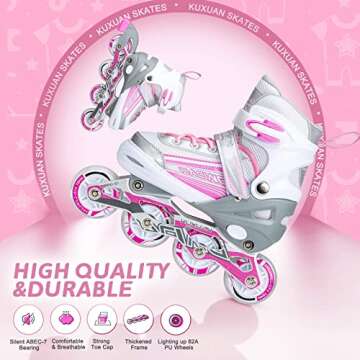 Kuxuan Skates Inline Skates for Women Girls, Adjustable Womens Skates with Light up Wheels, Fun Illuminating for Kids and Adult Female (Peach&Gray, Large-Youth & Women)