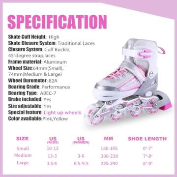 Kuxuan Skates Inline Skates for Women Girls, Adjustable Womens Skates with Light up Wheels, Fun Illuminating for Kids and Adult Female (Peach&Gray, Large-Youth & Women)