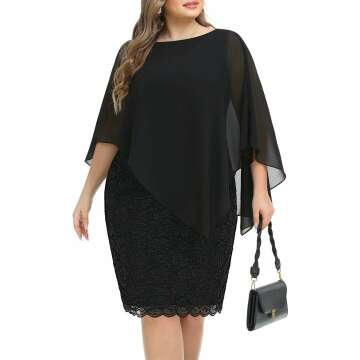 Pinup Fashion Women's Plus Size Cape Dress with Chiffon Overlay Wedding Guest Bodycon Lace Dresses