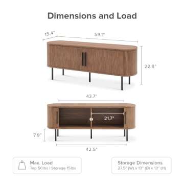 mopio Quin Tambour TV Stand, Mid-Century Modern Television Stand for 55/60/65 inch TV, Fluted Entertainment Center with Storage, Wood Media Console Credenza Cabinet Table for Living Room (Walnut 59")