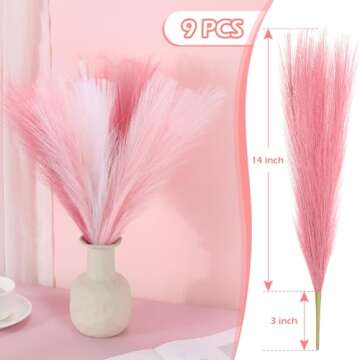 SeptCat 9 Pcs 17" Pampas Grass Pink White Decor Faux Dried Fluffy Fake Small Light Pink Pompas Artificial Pompous Short Stems Bouquet Flower Vase Filler Home Wedding Room Wall Decoration