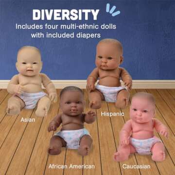 Constructive Playthings 10 Inch Huggable Multi-Cultural Baby Dolls, Multi-Ethnic Social Emotional Learning Toys for Kids, Set of 4