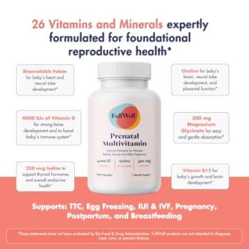 FullWell Prenatal Vitamins | Choline, folate, Vitamin D for fetal Growth, Brain Development | 26+ Vital Nutrients | Dietitian-Formulated, OBGYN Recommended, Non-GMO, 3rd Party Tested, 30 Servings