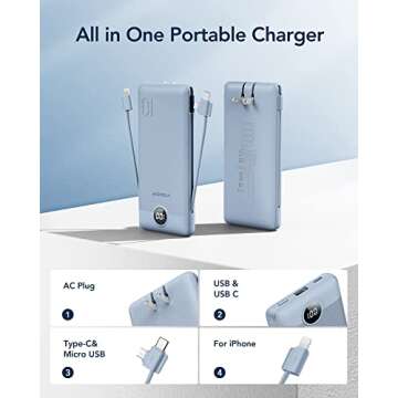 VEGER Portable Charger for iPhone Built in Cables and Wall Plug, 10000mah Slim Fast Charging USB C Power Bank, Travel Essential Battery Pack Compatible with iPhones, iPad, Samsung More Devices