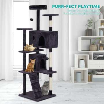 FDW Cat Tree 70in Cat Tower Multi-Level Durable Cat Scratching Post & Cozy Fun Cat Jumping Platform Space Saving Cat Condo Pet Play House for Indoor Cats,Ashy