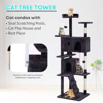 FDW Cat Tree 70in Cat Tower Multi-Level Durable Cat Scratching Post & Cozy Fun Cat Jumping Platform Space Saving Cat Condo Pet Play House for Indoor Cats,Ashy