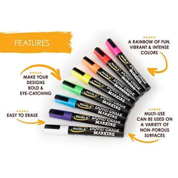 Chalk Markers - 8 Vibrant, Erasable, Non-Toxic, Water-Based, Reversible Tips, For Kids & Adults for Glass or Chalkboard Markers for Businesses, Restaurants, Liquid Chalk Markers (Vibrant 6mm)