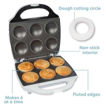 Mini Pie & Quiche Maker- Nonstick Baker Cooks 6 Small Quiches or Pies in Minutes- Dough Cutting Circle Easy Dough Measurement- Better than Pie Tins, Pans- Everyday Baking or Dessert Gift for Her