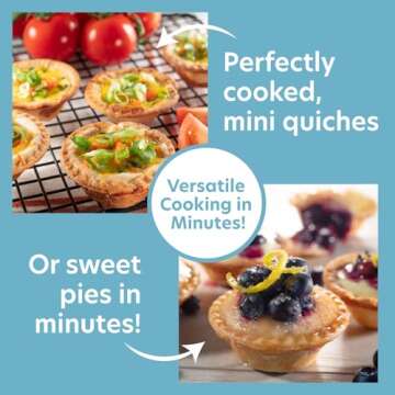 Mini Pie & Quiche Maker- Nonstick Baker Cooks 6 Small Quiches or Pies in Minutes- Dough Cutting Circle Easy Dough Measurement- Better than Pie Tins, Pans- Everyday Baking or Dessert Gift for Her