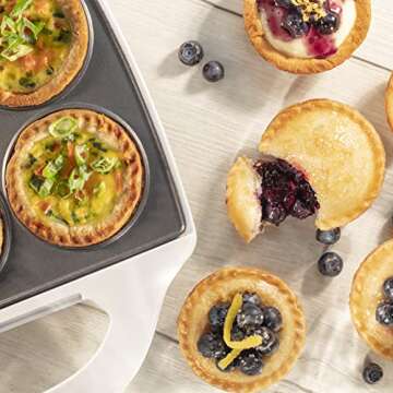 Mini Pie & Quiche Maker- Nonstick Baker Cooks 6 Small Quiches or Pies in Minutes- Dough Cutting Circle Easy Dough Measurement- Better than Pie Tins, Pans- Everyday Baking or Dessert Gift for Her